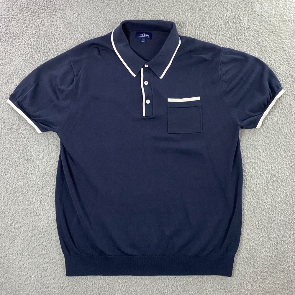 The Tie Bar Knit Polo Shirt Men XL Tipped Navy Blue Preppy Resort Summer Sweater